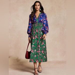 SHEIN Blue and Green Floral Long Sleeve Midi Dress